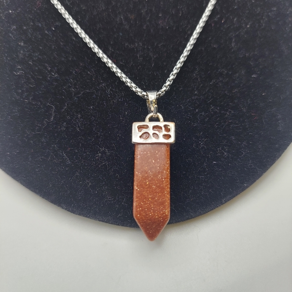Sand Stone Amulet Pendant Stainess Steel Necklace, GC.